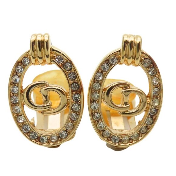 Christian Dior Earrings CD Logo Metal Rhinestone Gold GP Plating Accessory